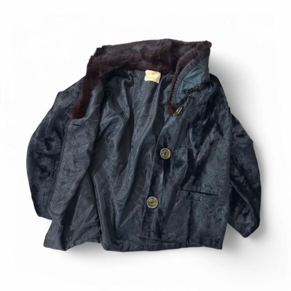 Vintage 1950s Black Velvet Jacket with Fur-Trimmed‎ Collar | Size M - Picture 6 of 8